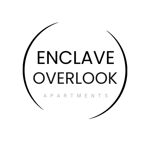 The image shows a logo for "ENCLAVE OVERLOOK APARTMENTS" with a dark green background.